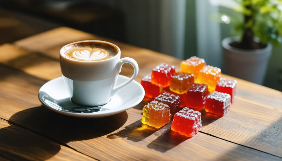 Close-up of hands holding coffee cup next to dish of HHC gummies on counter