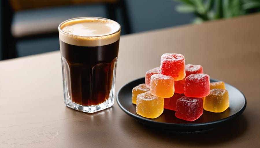 Overhead view of coffee cup and colorful HHC gummies arranged on wooden table