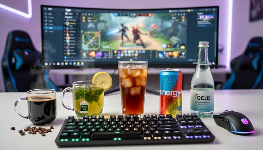 Three beverage options including coffee, iced tea, and yerba mate arranged on concrete surface