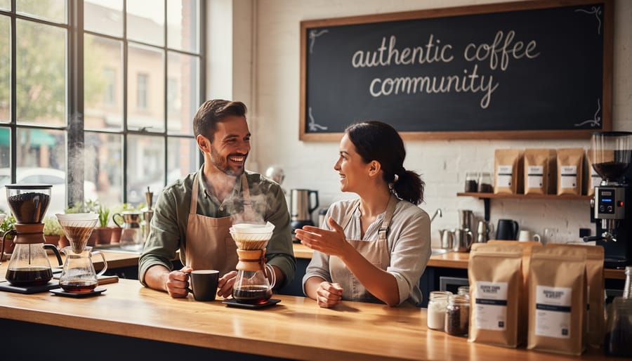 Two people having genuine conversation over coffee representing authentic community relationships