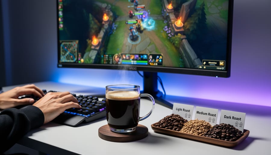 Coffee beans and ceramic mug viewed from above on dark surface