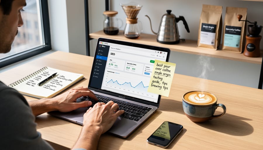Coffee blogger's workspace with espresso, laptop, and notes on wooden table