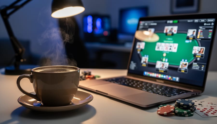 Espresso cup next to laptop computer showing online poker game