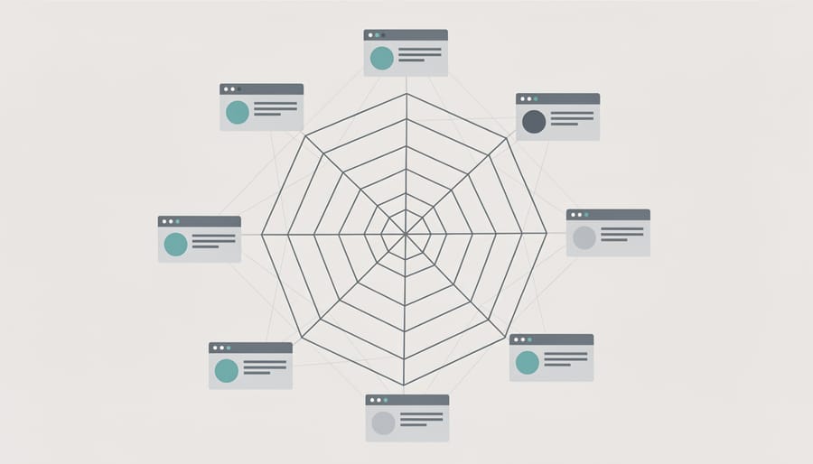 Intricate spider web with dew drops symbolizing interconnected network structure