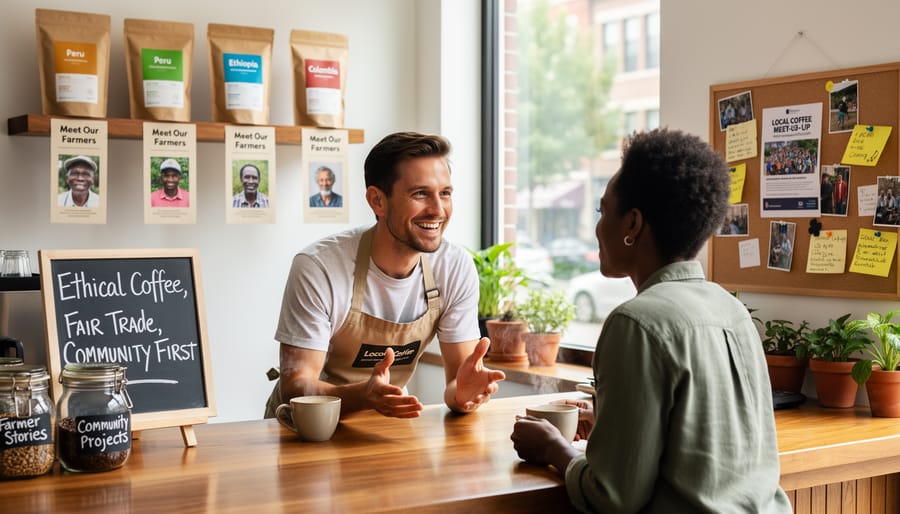 Coffee enthusiasts engaged in authentic discussion about specialty coffee at community gathering