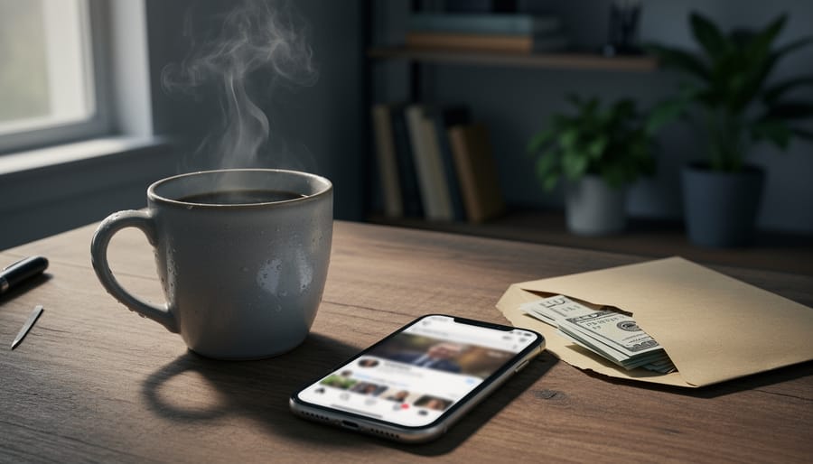 Steaming coffee cup on a wooden desk next to a smartphone with a blurred social feed and an unmarked cash-filled envelope, suggesting covert paid comments in online coffee communities.
