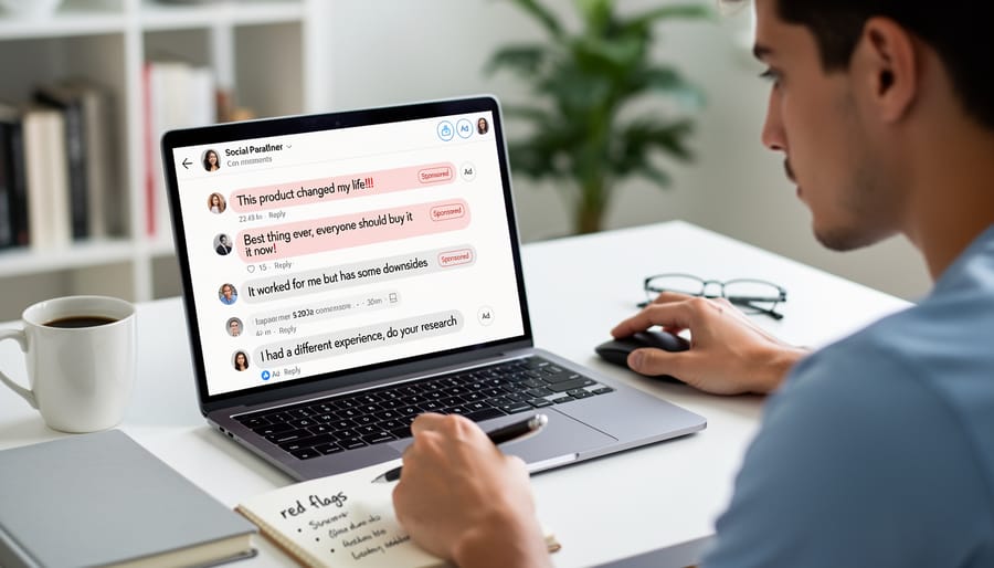 Hands using magnifying glass to examine Reddit comments, symbolizing careful evaluation of online recommendations
