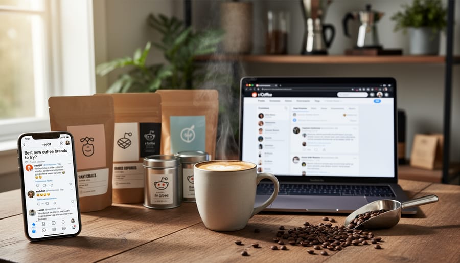 Person browsing coffee community discussions on Reddit while sitting at caf&eacute; table with espresso