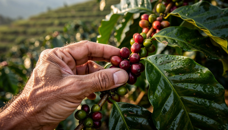 Coffee cherries on a plant with a worker’s hand selecting ripe fruit