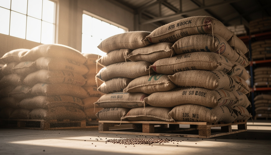 Coffee sacks stacked in a warehouse-like storage area