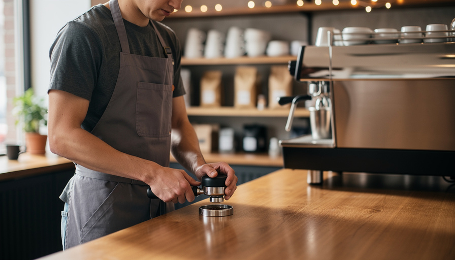 Barista tamping espresso at a specialty coffee shop counter